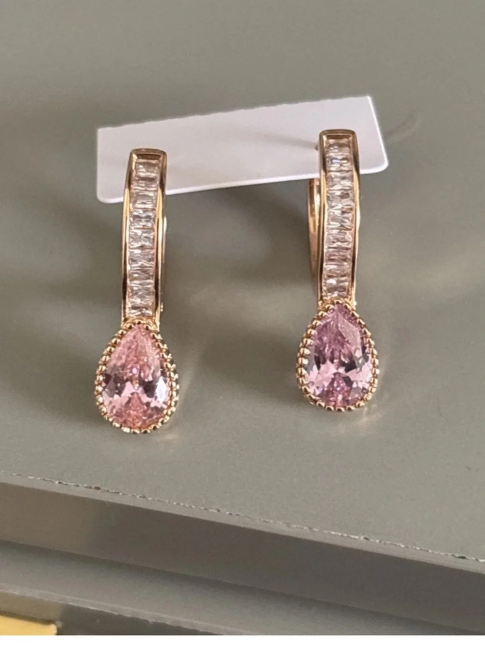 Rose Gold Plated Pink CZ Teardrop Dangle Hoop Earrings Baguette Accent - Picture 3 of 7
